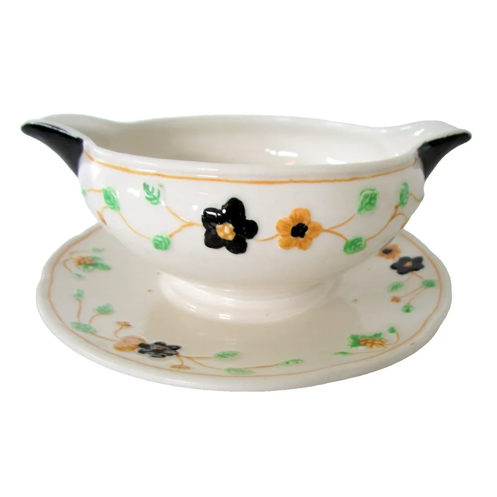 Wedgwood RARE Queen's Ivory Arbor Gravy Serving Bowl with Attached Plate 1930's